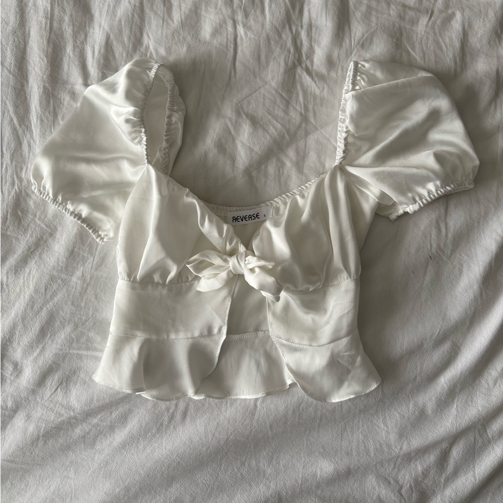 White Puff Sleeve Tie Front Blouse